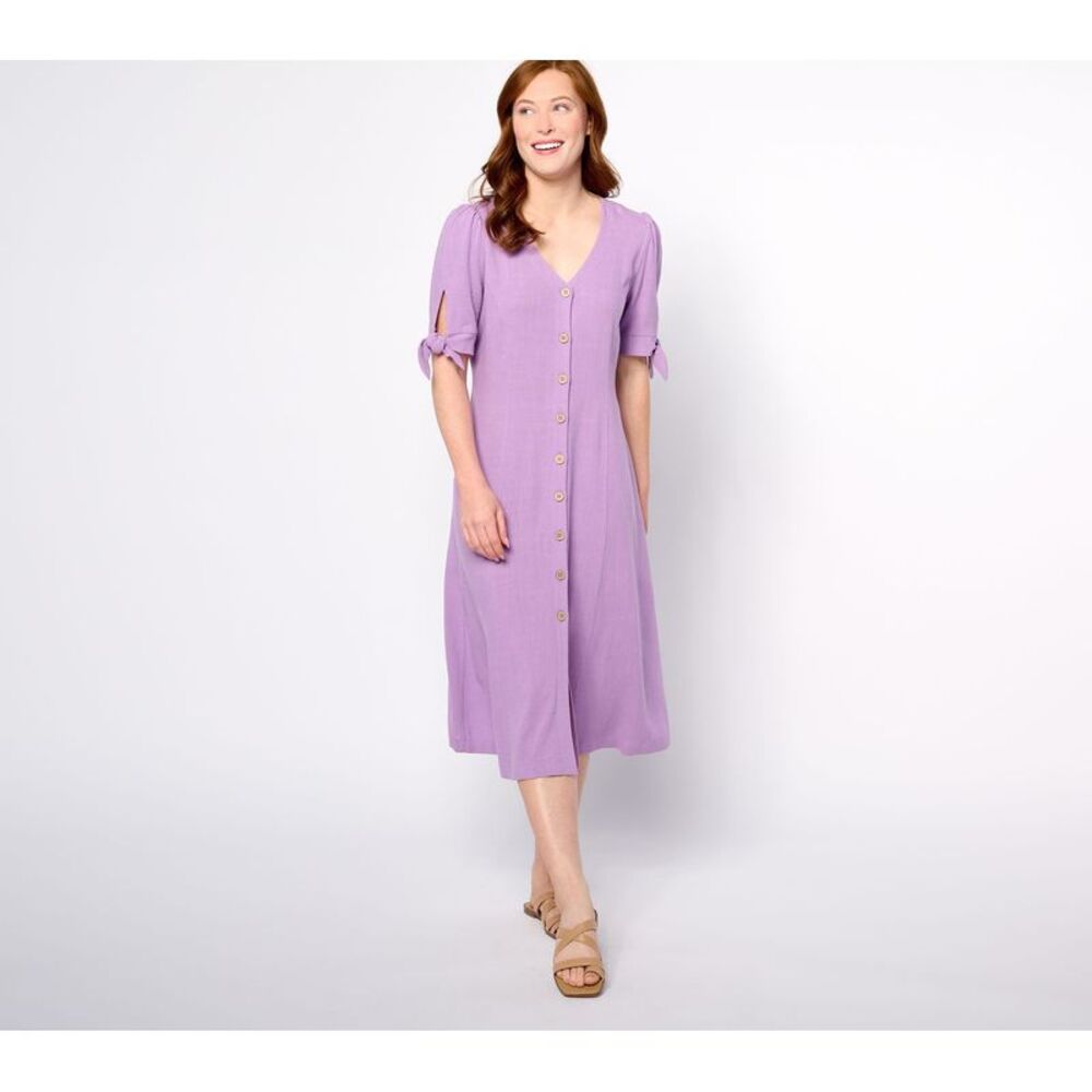 Susan Graver Women's Petite Dress 1XP PURE Linen Blend Tie Sleeve Purple A645068